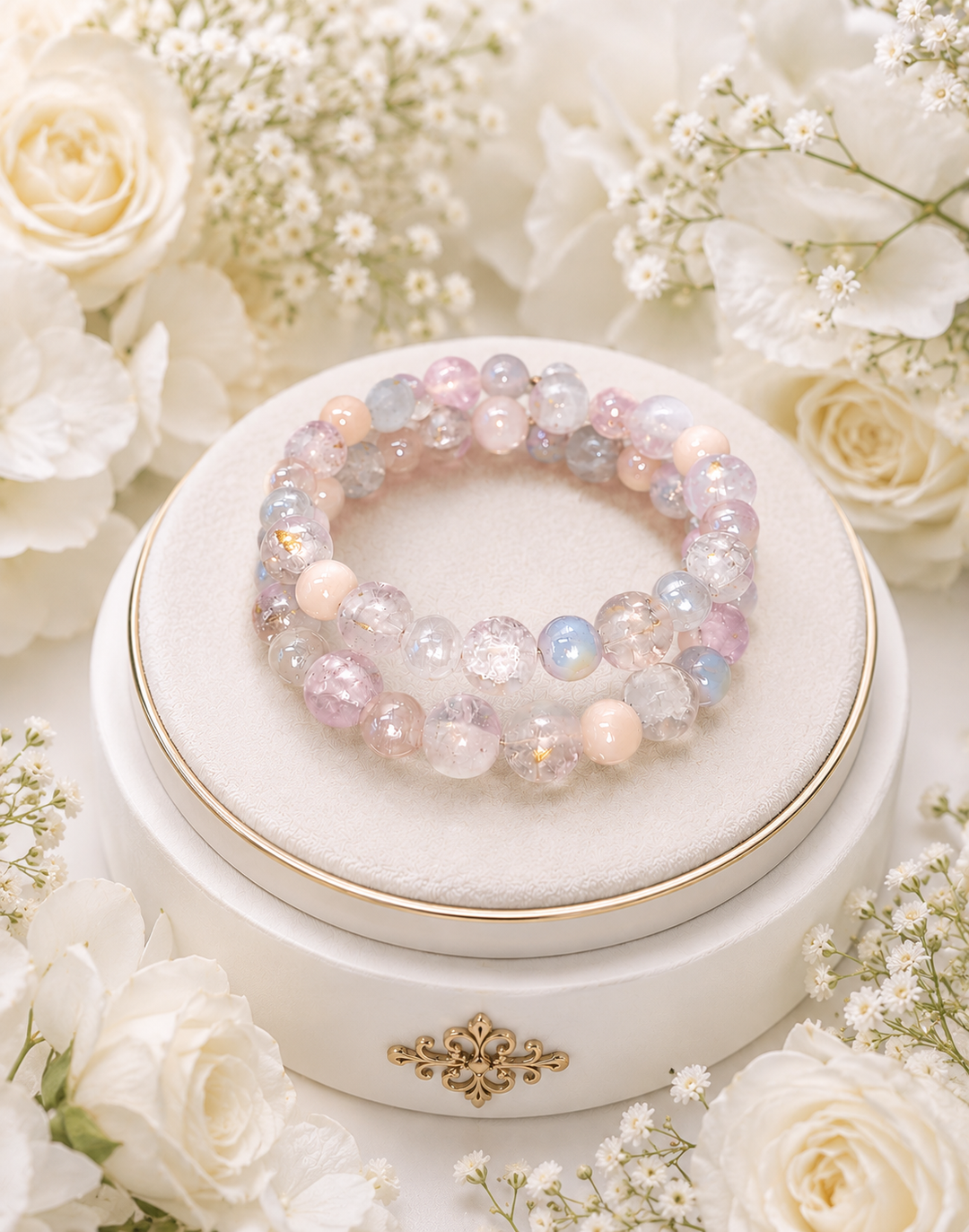 Princess Bracelet with pastel pink, purple and clear glass beads with gold accents adjustable memory wire bracelet