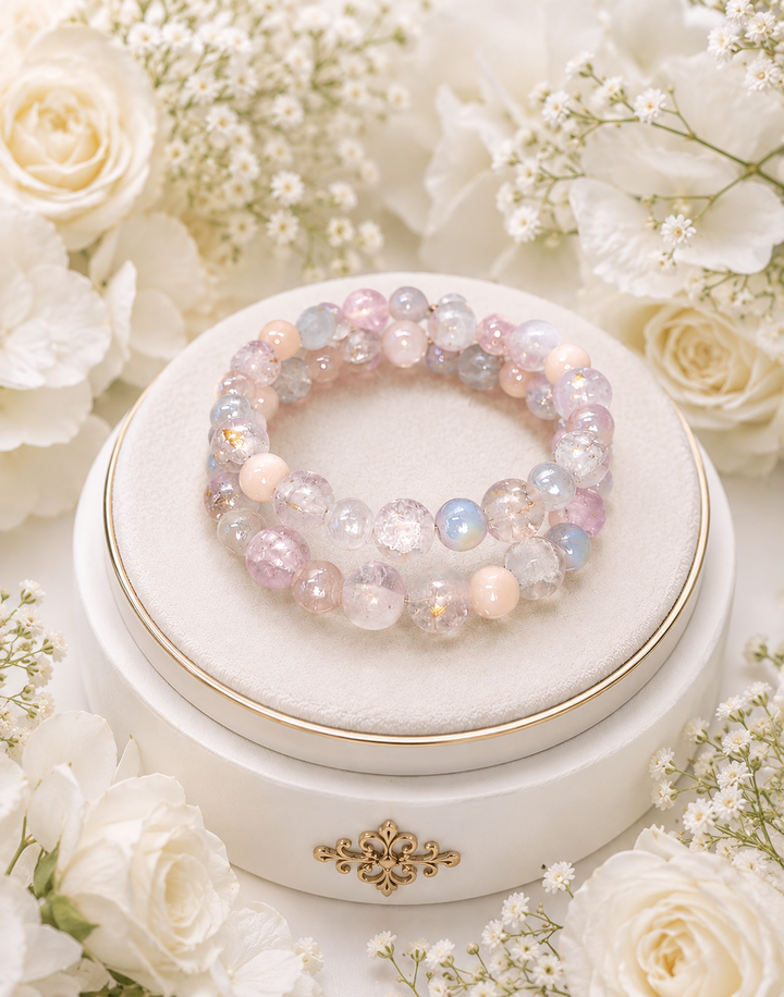 Princess Bracelet with pastel pink, purple and clear glass beads with gold accents adjustable memory wire bracelet