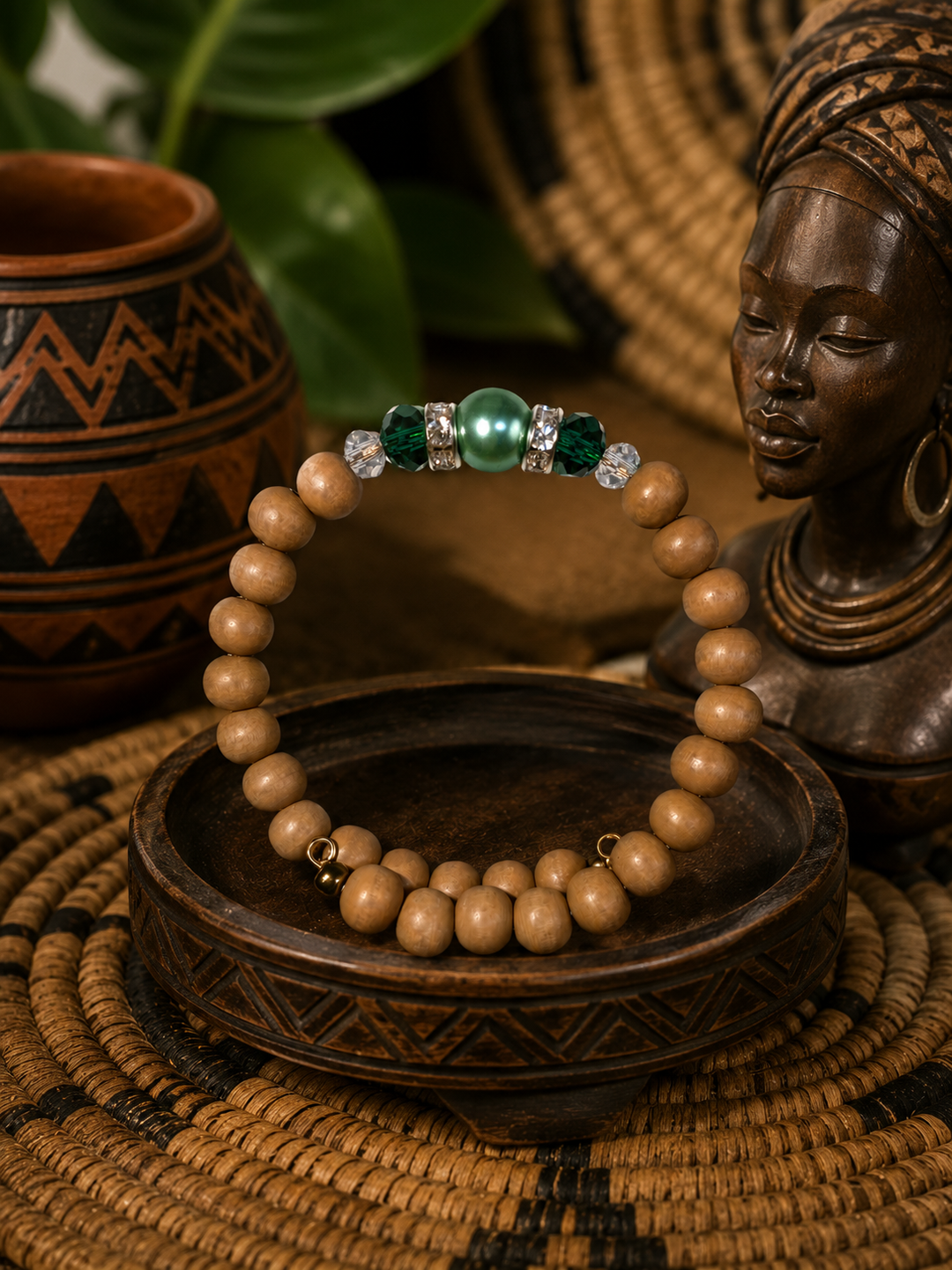 Forest Florist Bracelet with green beads and natural wood beads adjustable memory wire bracelet
