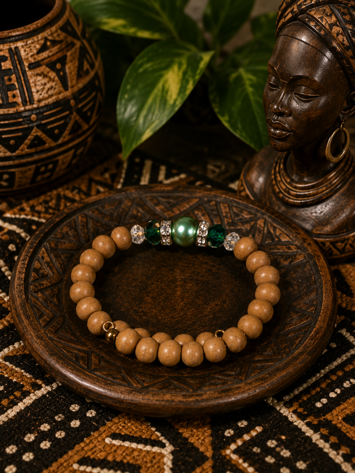 Forest Florist Bracelet with green beads and natural wood beads adjustable memory wire bracelet