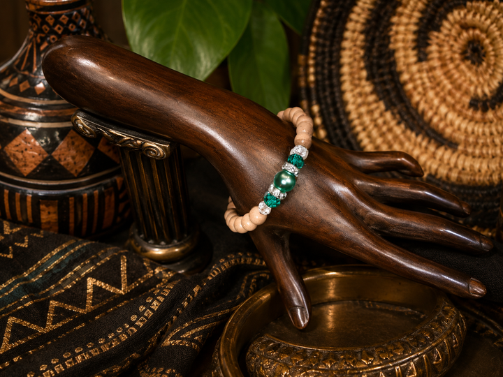 Forest Florist Bracelet with green beads and natural wood beads adjustable memory wire bracelet