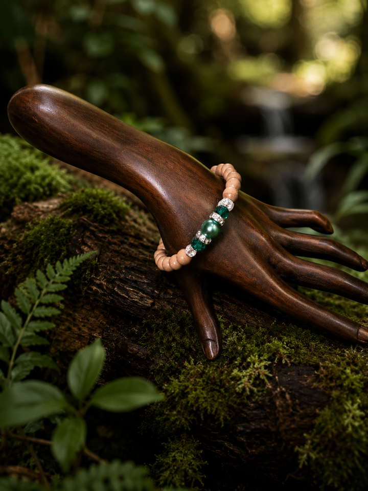 Forest Florist Bracelet with green beads and natural wood beads adjustable memory wire bracelet