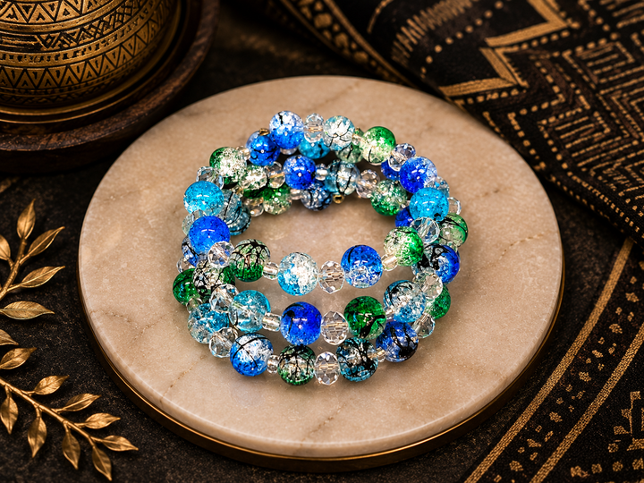Midnight Grass Bracelet with green, blue, black and clear glass beads adjustable memory wire bracelet