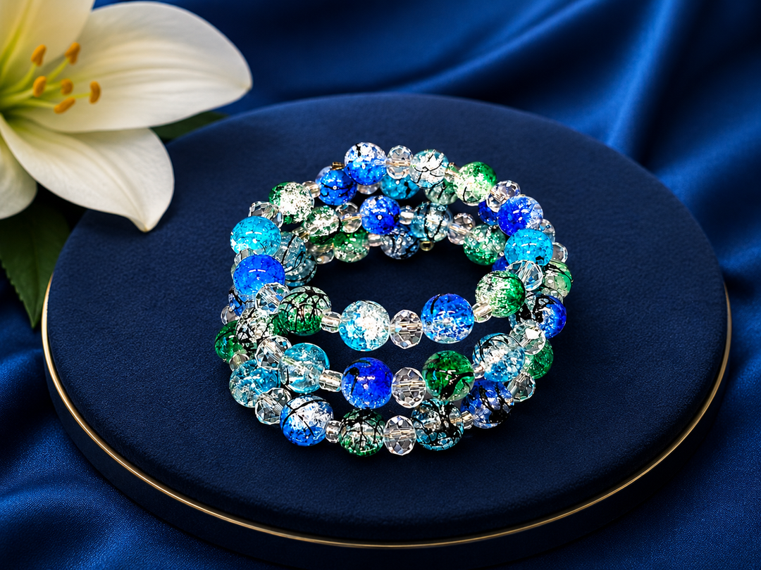 Midnight Grass Bracelet with green, blue, black and clear glass beads adjustable memory wire bracelet