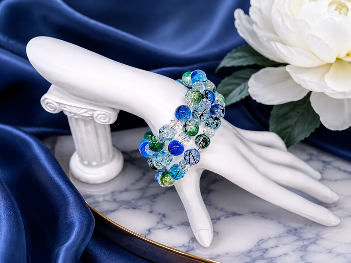 Midnight Grass Bracelet with green, blue, black and clear glass beads adjustable memory wire bracelet
