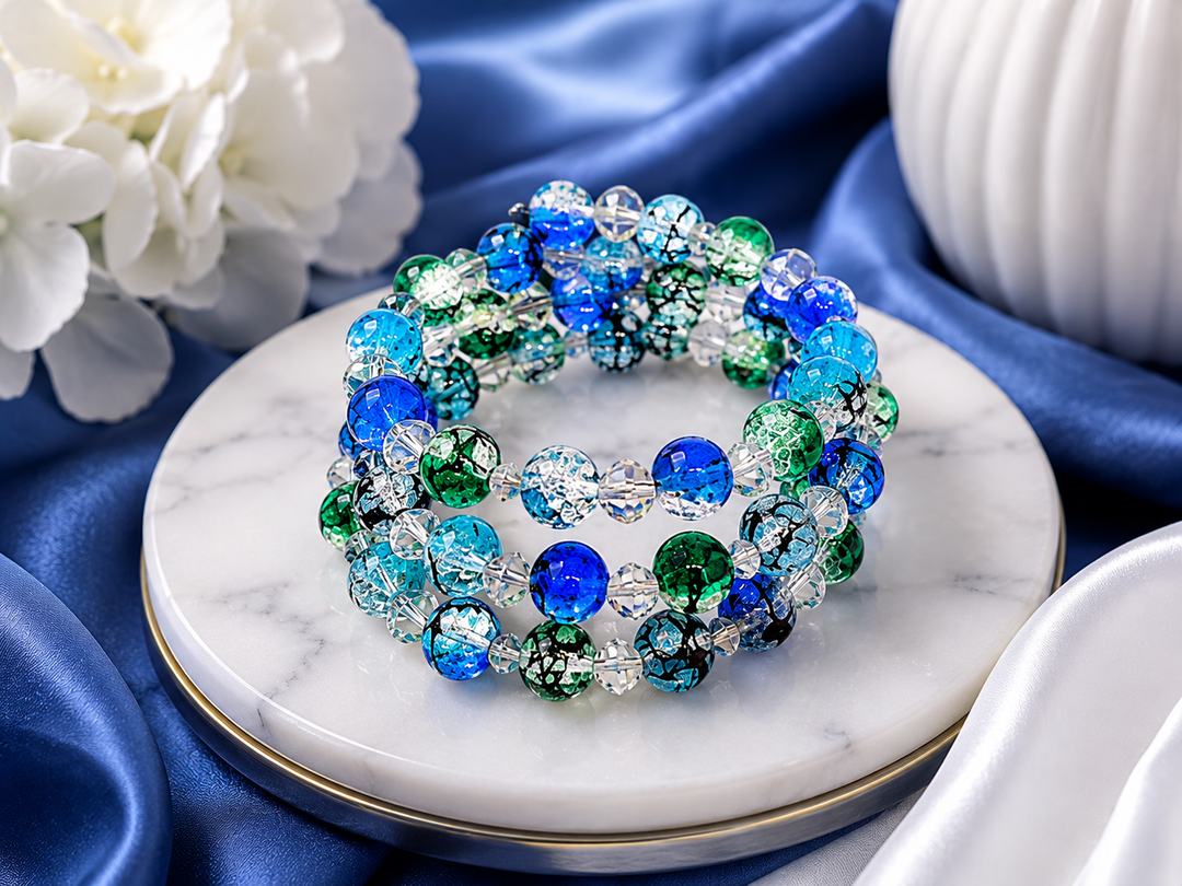 Midnight Grass Bracelet with green, blue, black and clear glass beads adjustable memory wire bracelet