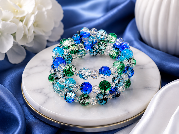 Midnight Grass Bracelet with green, blue, black and clear glass beads adjustable memory wire bracelet