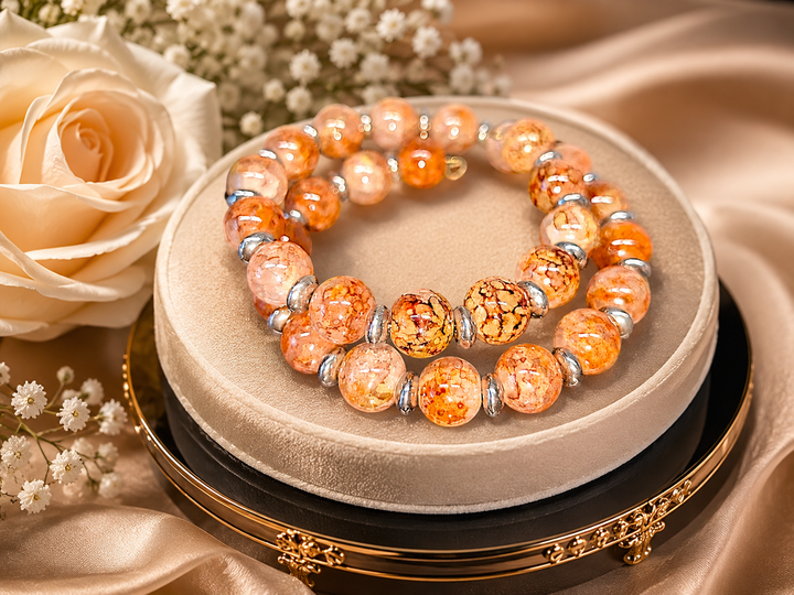 Autumn Love Bracelet with orange glass beads and antique silver accents adjustable memory wire bracelet