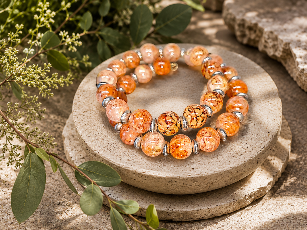 Autumn Love Bracelet with orange glass beads and antique silver accents adjustable memory wire bracelet