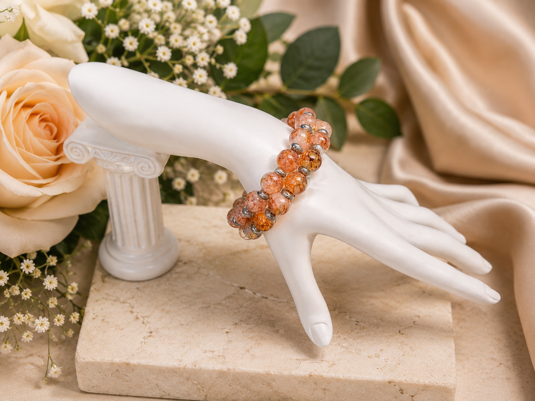Autumn Love Bracelet with orange glass beads and antique silver accents adjustable memory wire bracelet