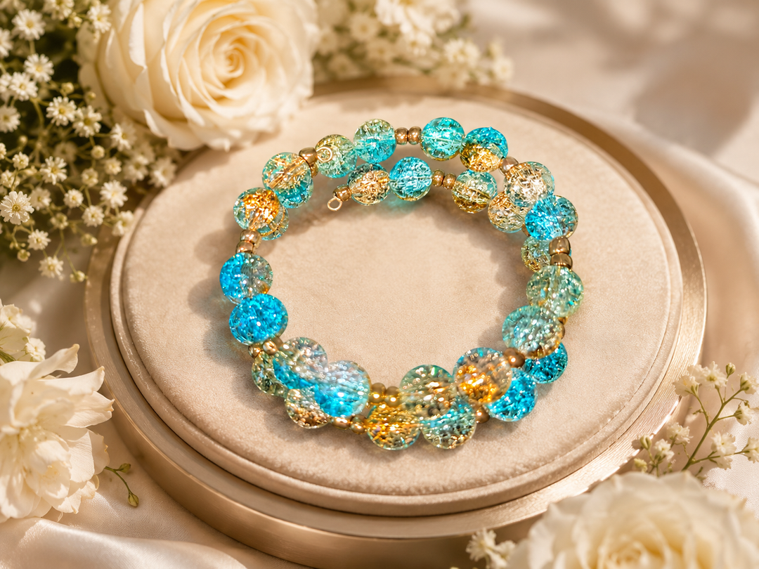 Fall Woods Bracelet with golden brown and blue glass beads adjustable memory wire bracelet