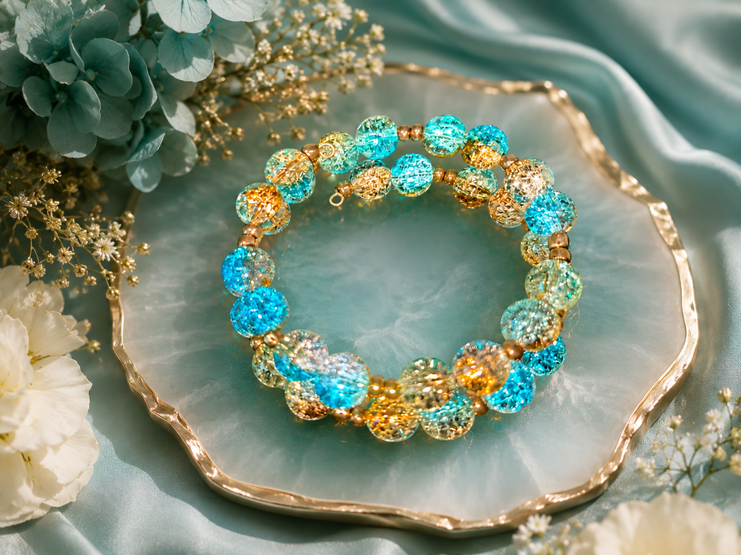 Fall Woods Bracelet with golden brown and blue glass beads adjustable memory wire bracelet