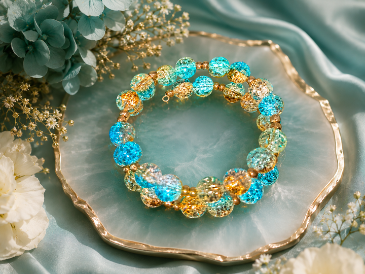 Fall Woods Bracelet with golden brown and blue glass beads adjustable memory wire bracelet