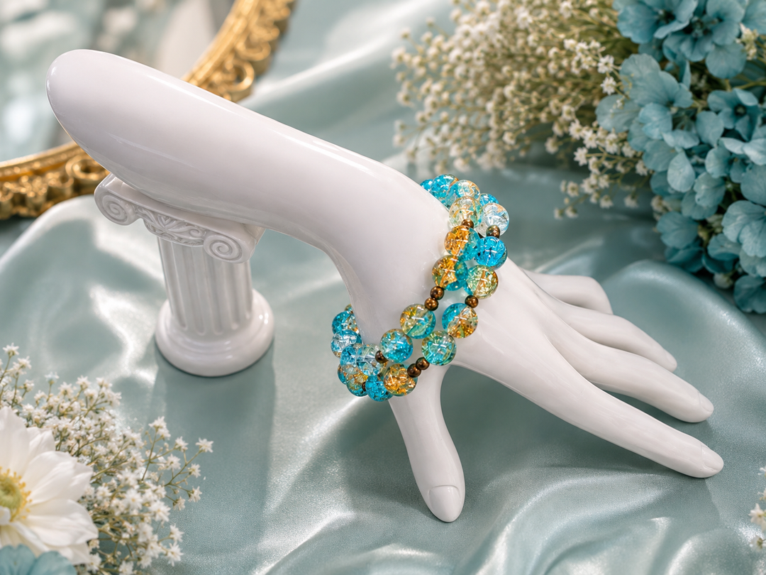 Fall Woods Bracelet with golden brown and blue glass beads adjustable memory wire bracelet