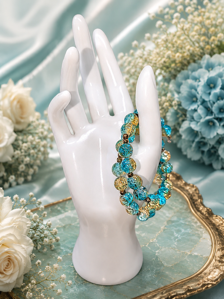 Fall Woods Bracelet with golden brown and blue glass beads adjustable memory wire bracelet