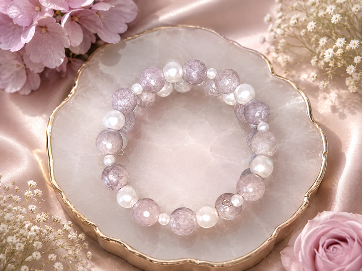 Winter Wonder Bracelet with white, grey and pearl cream beads adjustable memory wire bracelet