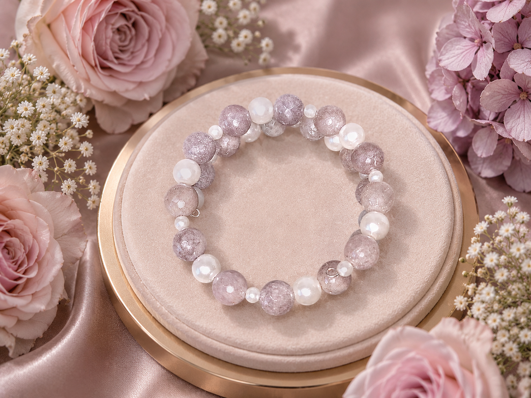 Winter Wonder Bracelet with white, grey and pearl cream beads adjustable memory wire bracelet