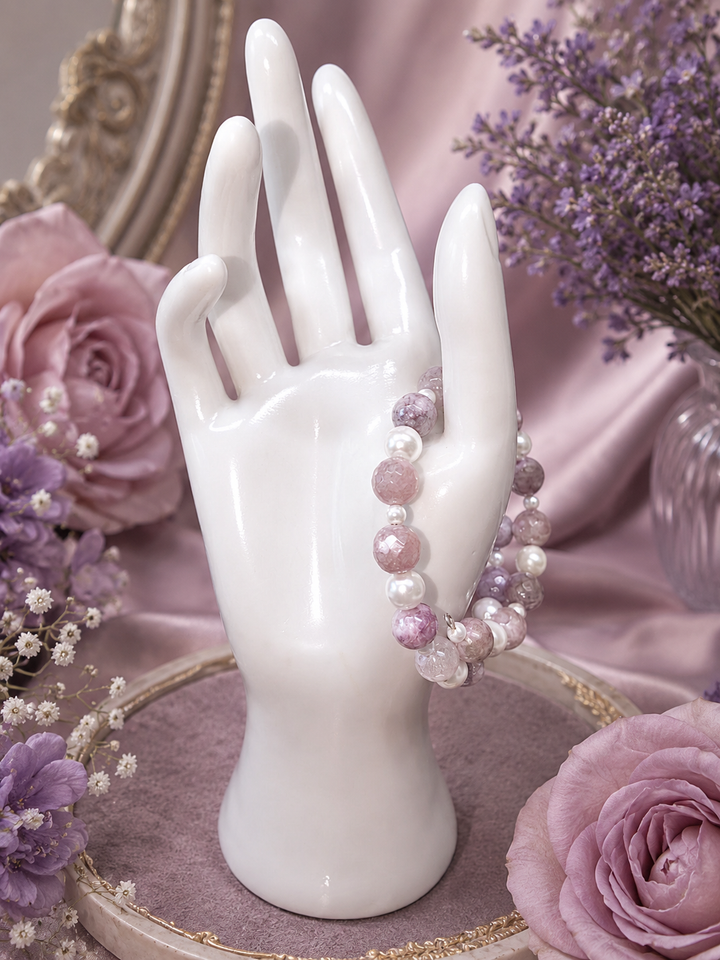 Winter Wonder Bracelet with white, grey and pearl cream beads adjustable memory wire bracelet