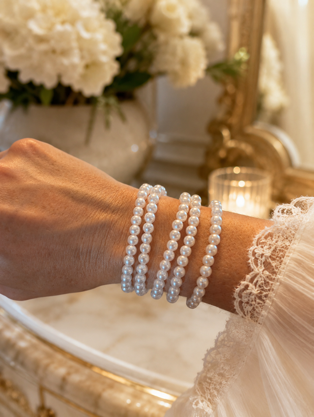 Elegant White Faux Pearl Stretch Bracelet Set - 5-Piece Stackable Collection