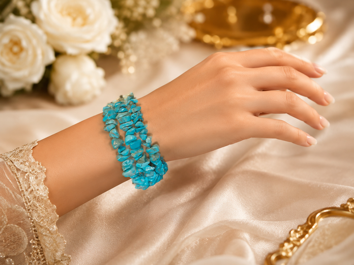 Turquoise Chip Stone Stretch Bracelet – Natural Gemstone 3 Row Bracelet
