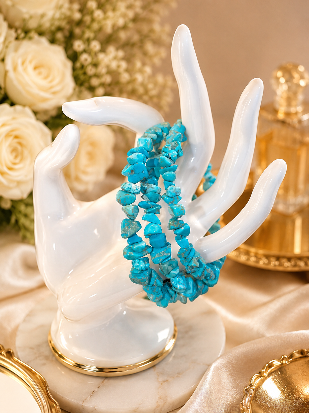 Turquoise Chip Stone Stretch Bracelet – Natural Gemstone 3 Row Bracelet