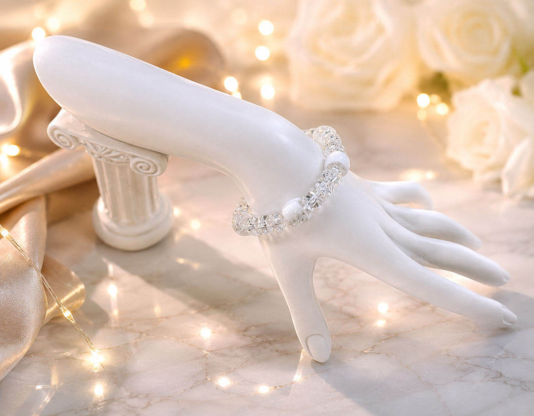 Snow Crystal Bracelet with white and clear crystal beads adjustable memory wire bracelet