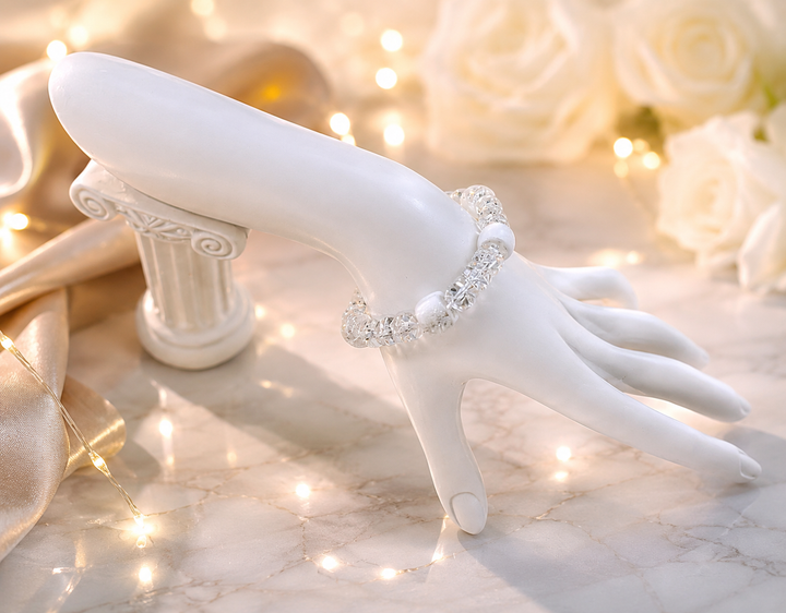 Snow Crystal Bracelet with white and clear crystal beads adjustable memory wire bracelet