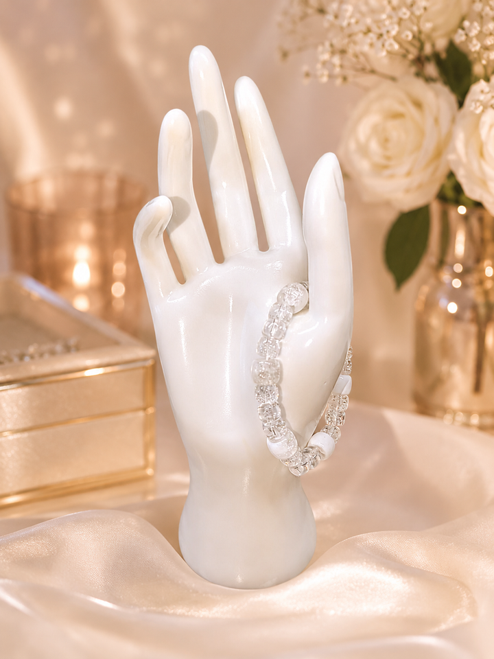 Snow Crystal Bracelet with white and clear crystal beads adjustable memory wire bracelet