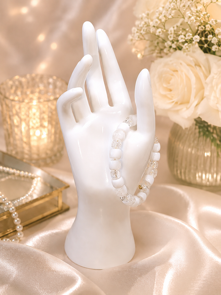Snow Crystal Bracelet – White & Clear Crystal Bead Adjustable Memory Wire Bracelet