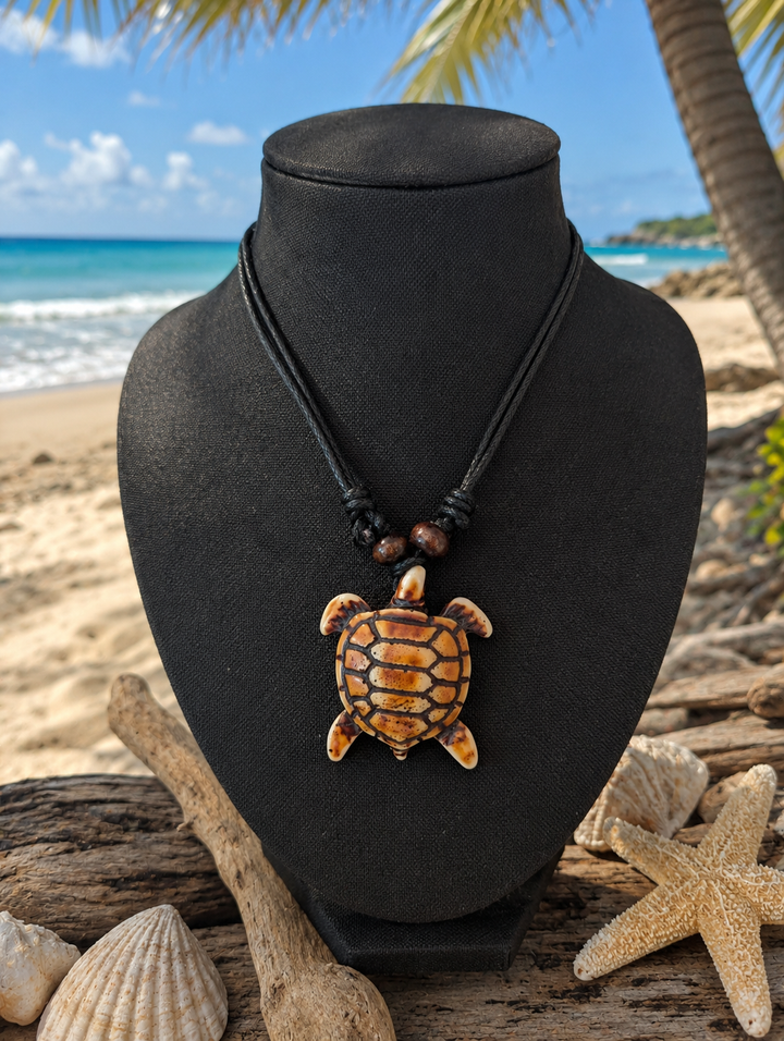 Sea Turtle Resin Pendant Necklace – Adjustable Beach Rope Chain