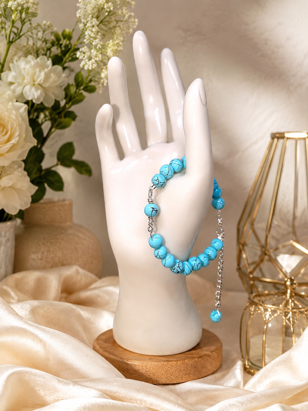Baby Blue Bracelet with light blue round beads adjustable bracelet for women
