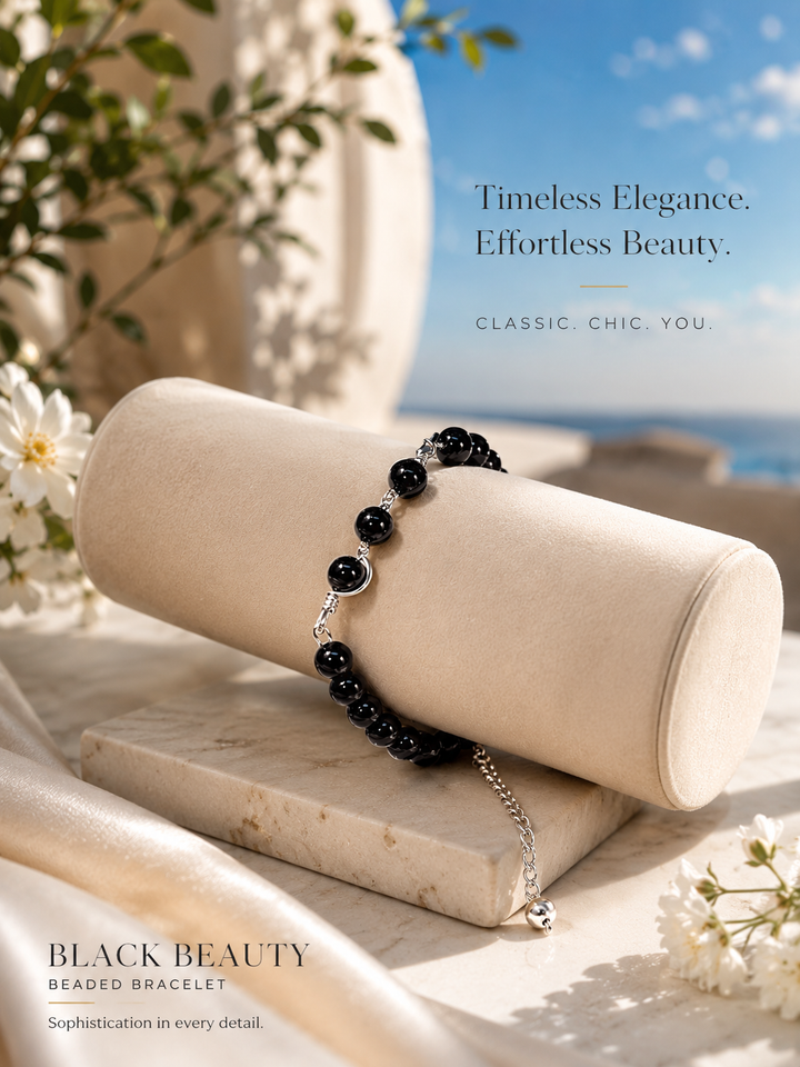 Adjustable ebony bead bracelet with glossy black round beads on lightweight wire