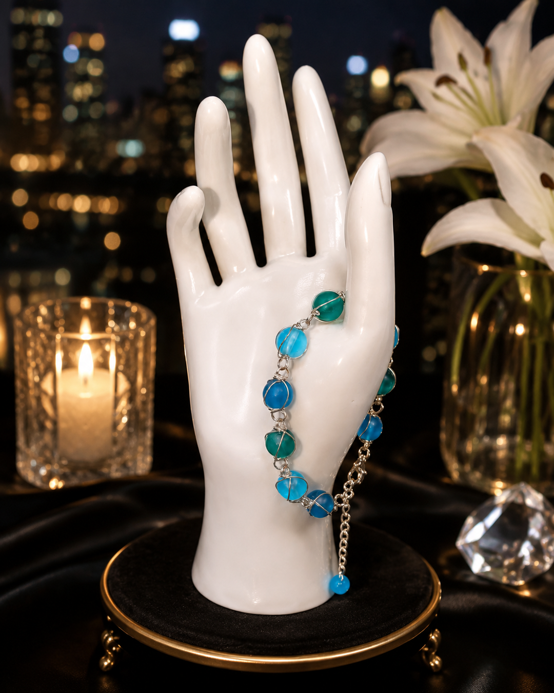 Royal sapphire moss bracelet with twisted wire design and round blue glass beads, adjustable fit
