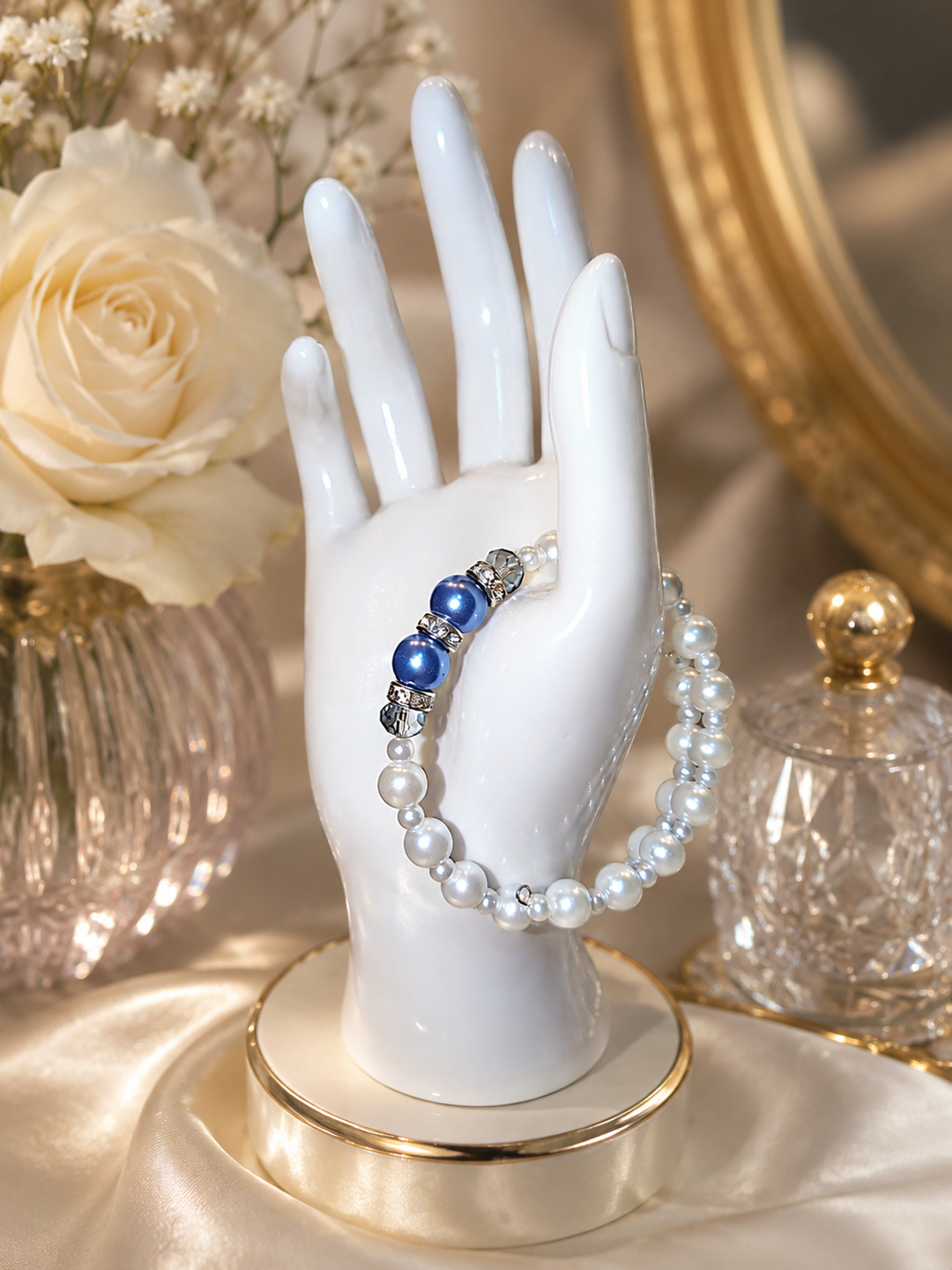 Sky blue and white pearl bracelet with imitation pearls on flexible adjustable memory wire