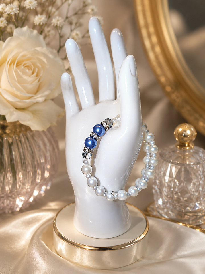 Sky blue and white pearl bracelet with imitation pearls on flexible adjustable memory wire