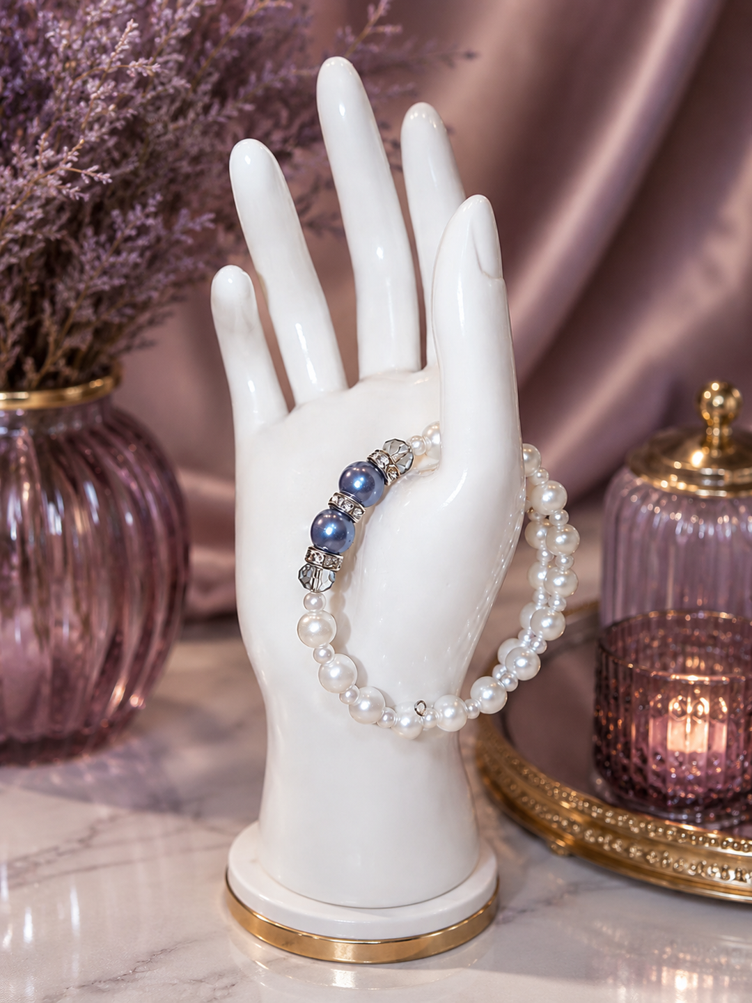 Sky blue and white pearl bracelet with imitation pearls on flexible adjustable memory wire