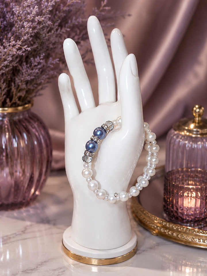 Sky blue and white pearl bracelet with imitation pearls on flexible adjustable memory wire