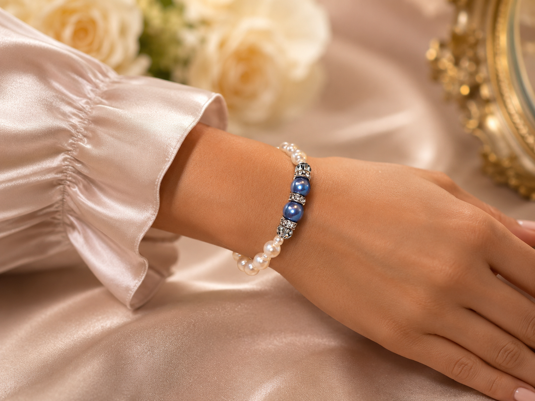 Sky blue and white pearl bracelet with imitation pearls on flexible adjustable memory wire
