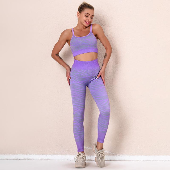 Sexy Striped Knitted Yoga Wear Fitness Running Hip Lifting Leggings Seamless Sportswear Two Piece Suit