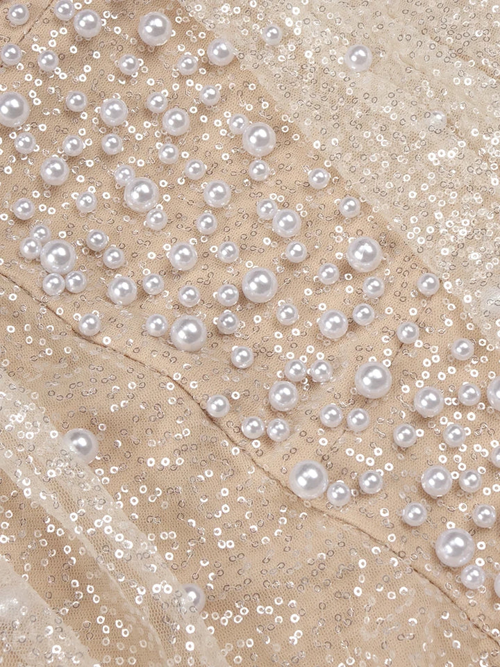 Wedding Dress For Women Elegant Off Shoulder Short Sleeves Pearl Sequins Design Sparkling Maxi Long Gown