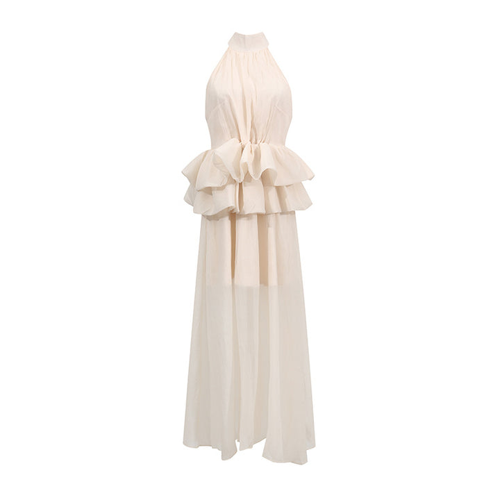 Elegant Wedding Dress High-End Formal Wear Series Women's Summer High Neck Sleeveless Waist Ruffle Long Skirt Dress