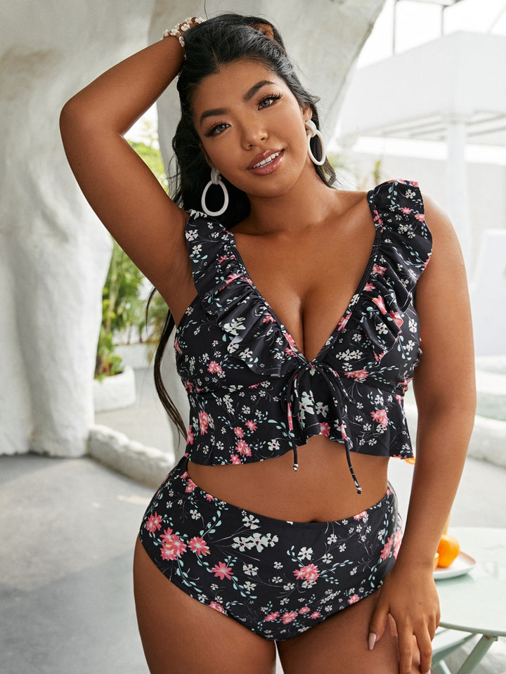 Plus Size Two-Piece Swimsuit with Ruffle Design