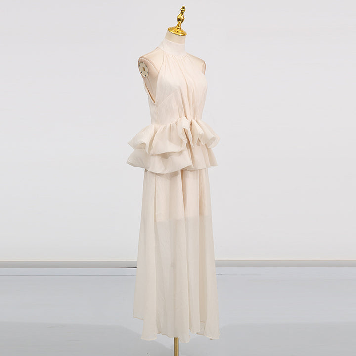 Elegant Wedding Dress High-End Formal Wear Series Women's Summer High Neck Sleeveless Waist Ruffle Long Skirt Dress