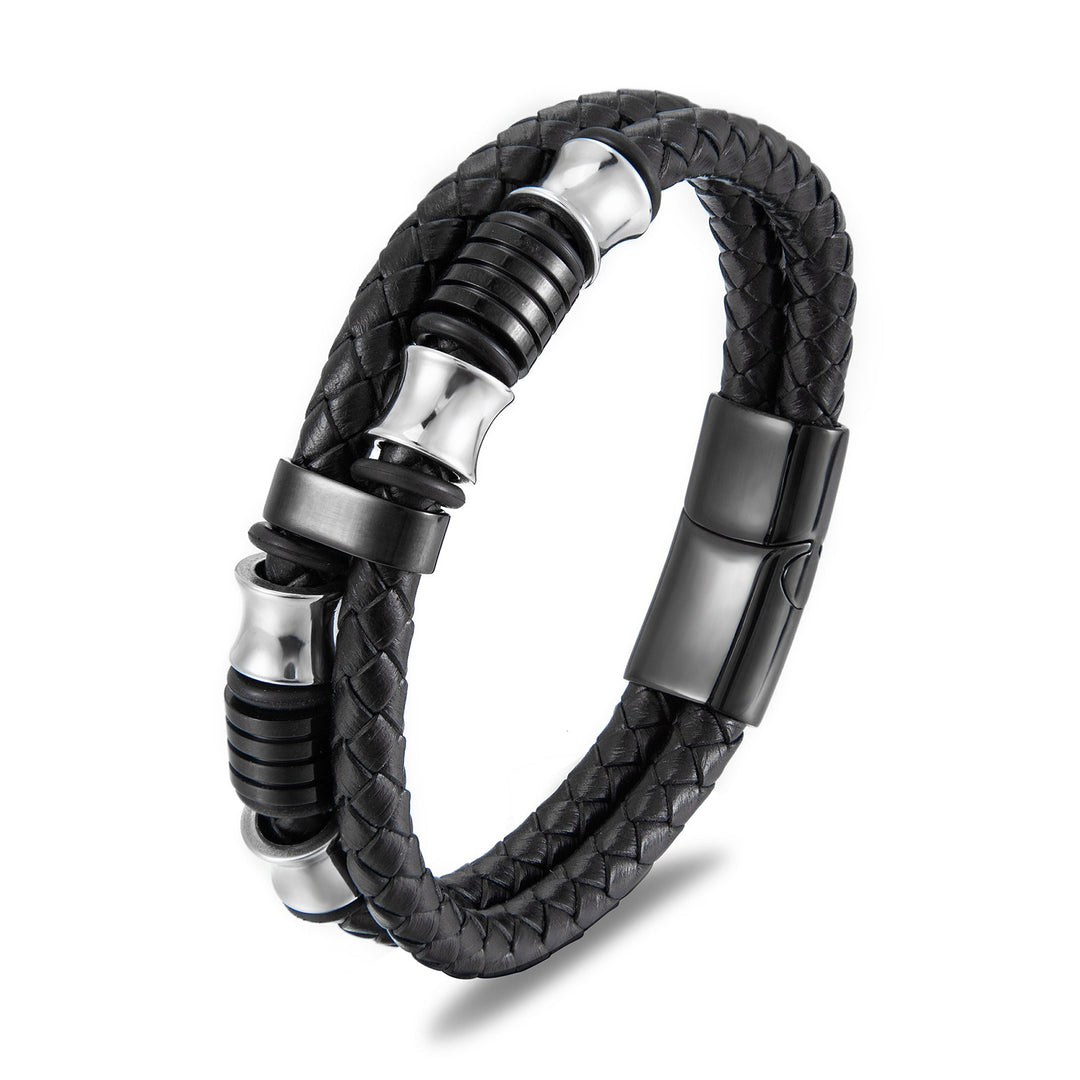 Black leather stainless steel men's bracelet