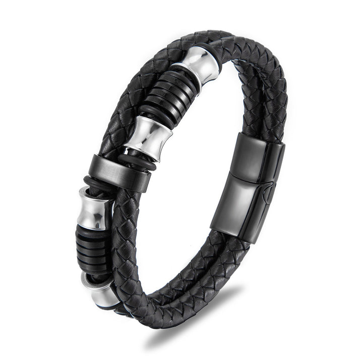 Black leather stainless steel men's bracelet