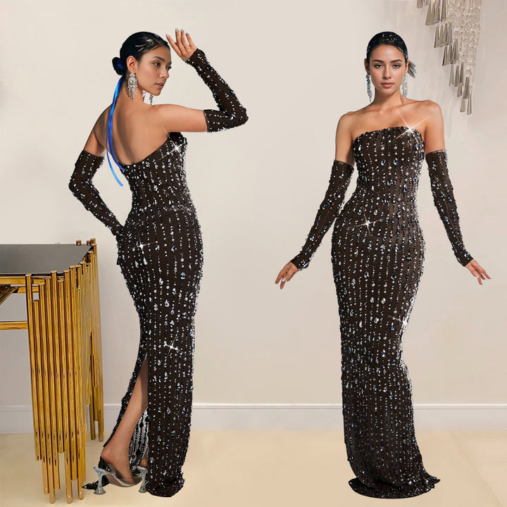 Fashion Women's Embellished One-Shoulder Dress Long Dress