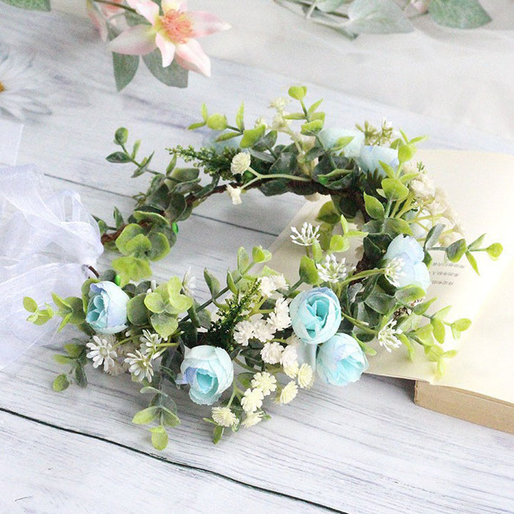 Forest style curled edge rose headband, simulated starry sky, eucalyptus wreath, bride's wedding dress, photography, headwear
