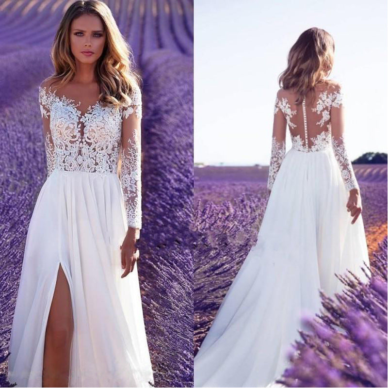 Style Long Sleeve Sheer Lace Wedding Bridesmaid Dress Slit Long Skirt
