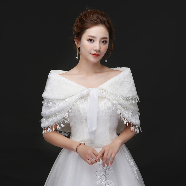 Bridal Plush Shawl Wedding Dress Winter Warm Three-layer Tassel Shawl