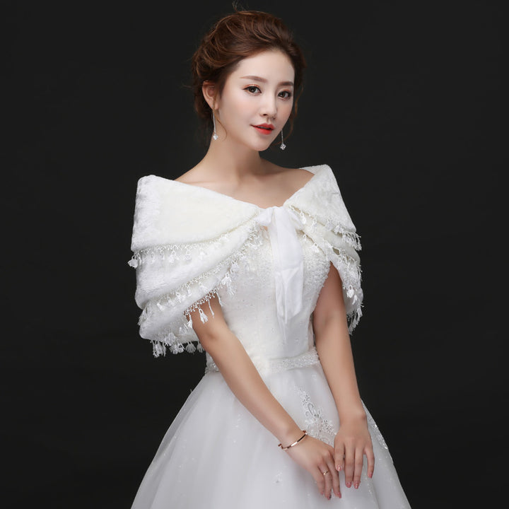 Bridal Plush Shawl Wedding Dress Winter Warm Three-layer Tassel Shawl